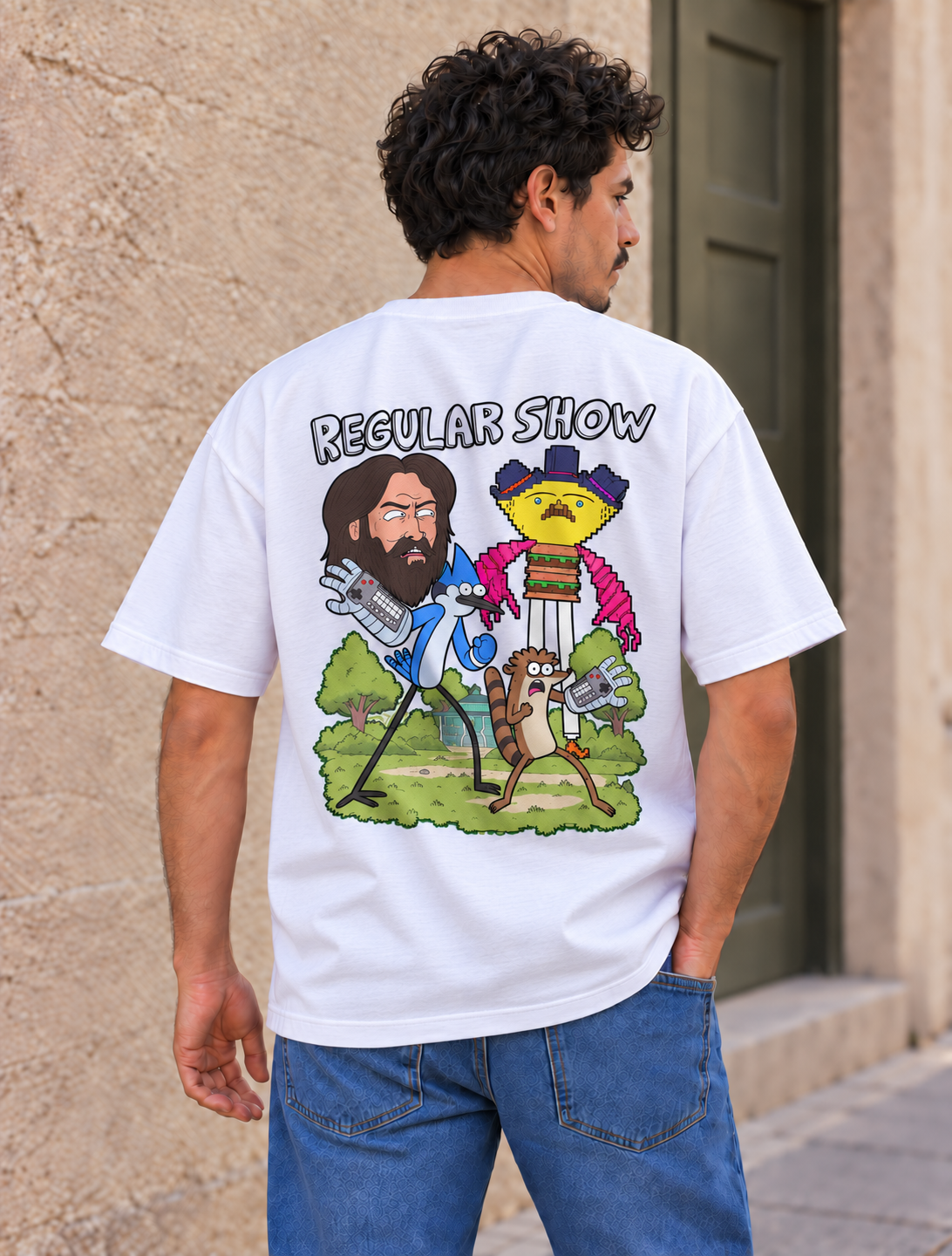 Regular Show - CARTOON HEAVY, playera blanca, espalda