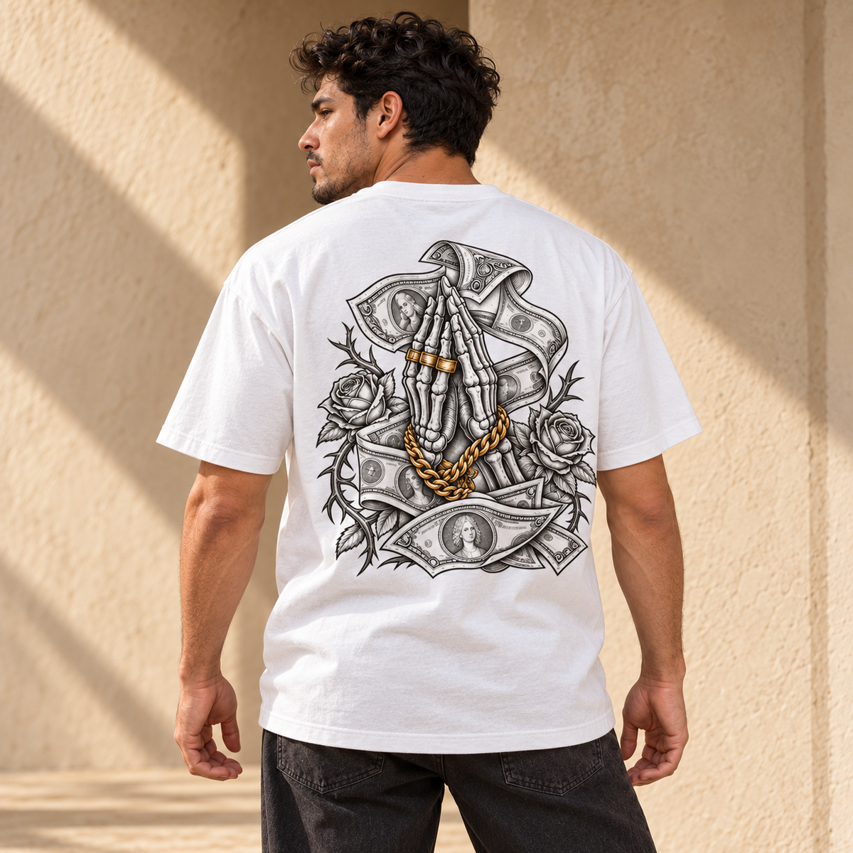 Mano Calaca Money · YOUR ONLY STYLE FUCK BOY, playera blanca, espalda