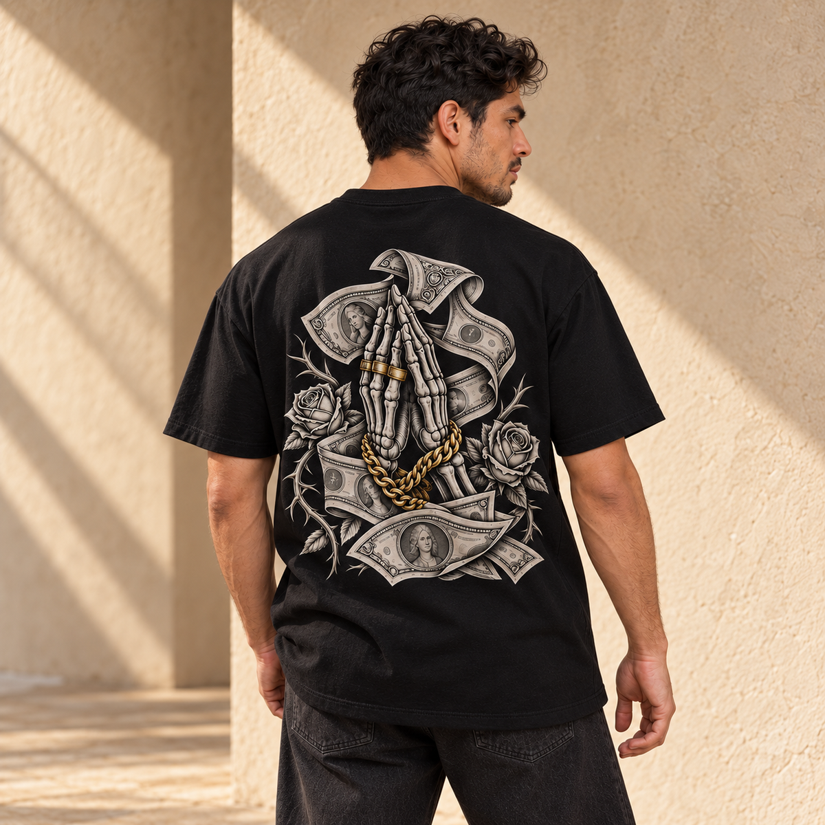 Mano Calaca Money · YOUR ONLY STYLE FUCK BOY, playera negra, espalda